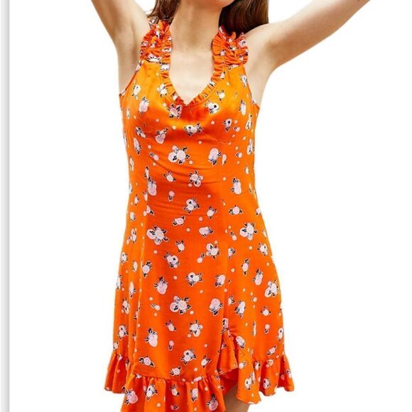 Free People Like A Lady Mini Dress in Orange Floral Print Size Medium - Picture 2 of 12